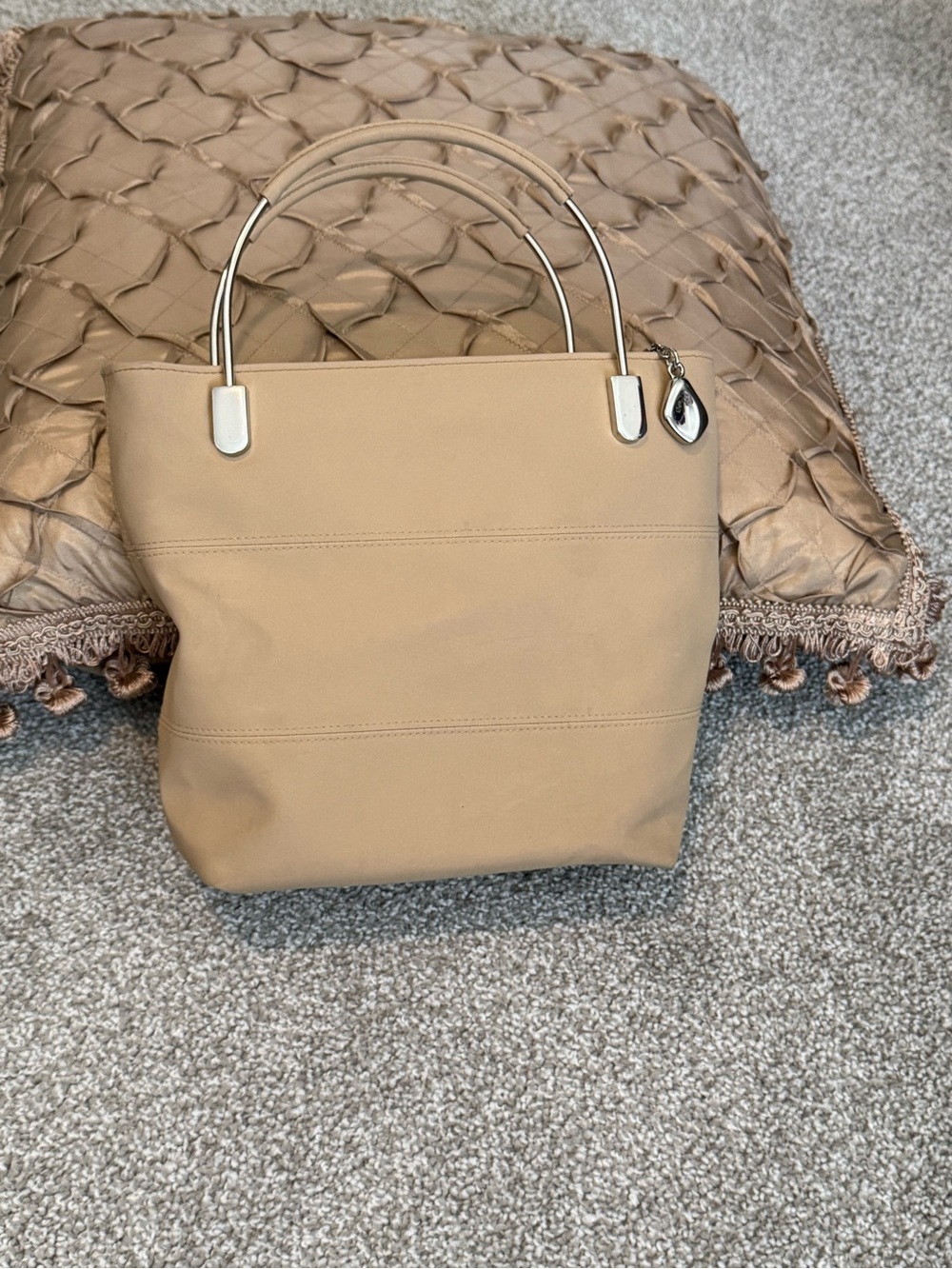 Classic Beige mini Tote Bag with Metal Handle Accent.